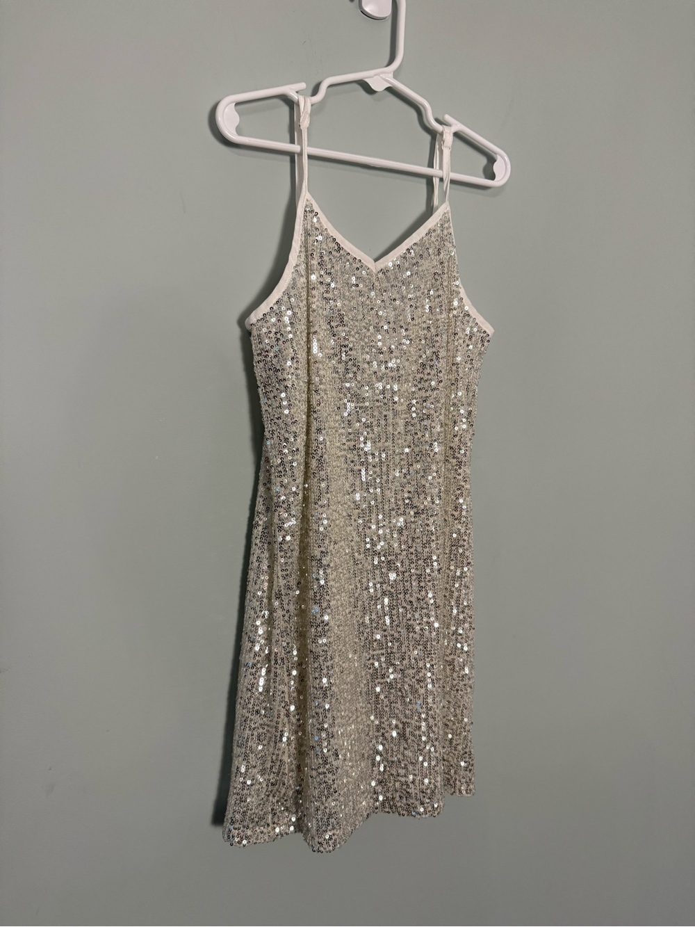 Girls Silver Sequin Mini Dress with Spaghetti Straps Size 7/8